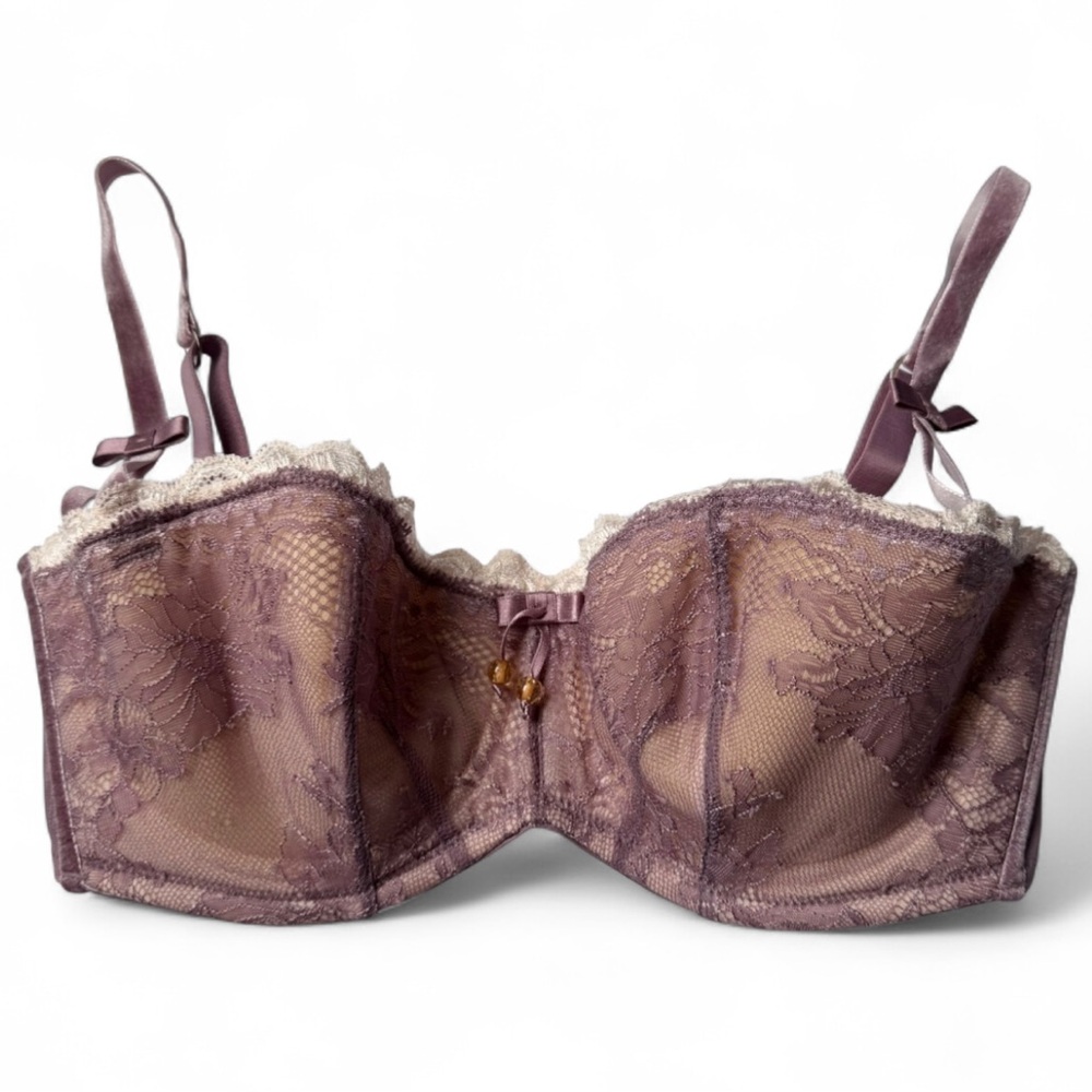 Harlequin Antoinette 32DD Lace Underwire Bra Mauve Coquette Romantic Bows Velvet